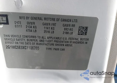 2012 Chevrolet Impala Ltz z USA, uszkodzony, nr VIN 2G1WC5E3XC1106765